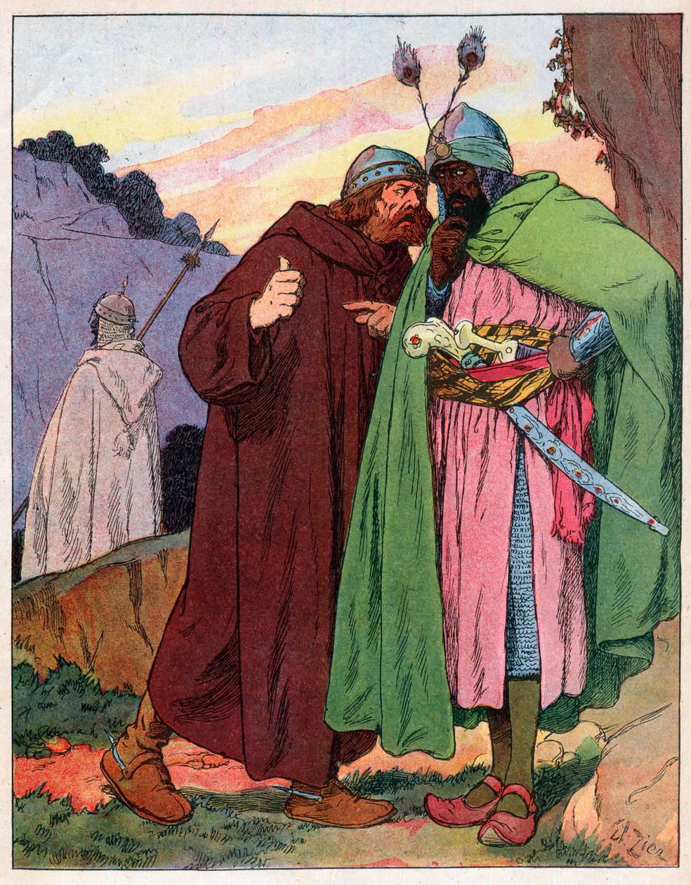 Ganelon rapporterer ordene til keiser Charlemagne (742-814) til fienden (Song de Roland) (Matter of France) - Illustrasjon av Francois Zier (1856-1924) hentet fra "" Nos-Gloriers-Nationales" rundt 1920 av Francois Edouard Zier