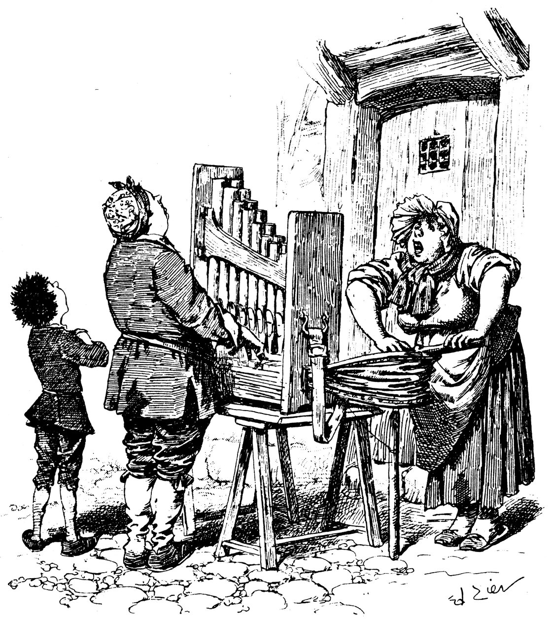 Illustrasjon for Paul Scarrons tegneserieroman: Barbarisk orgelspiller har gusset på gaten (gravering) av Francois Edouard Zier