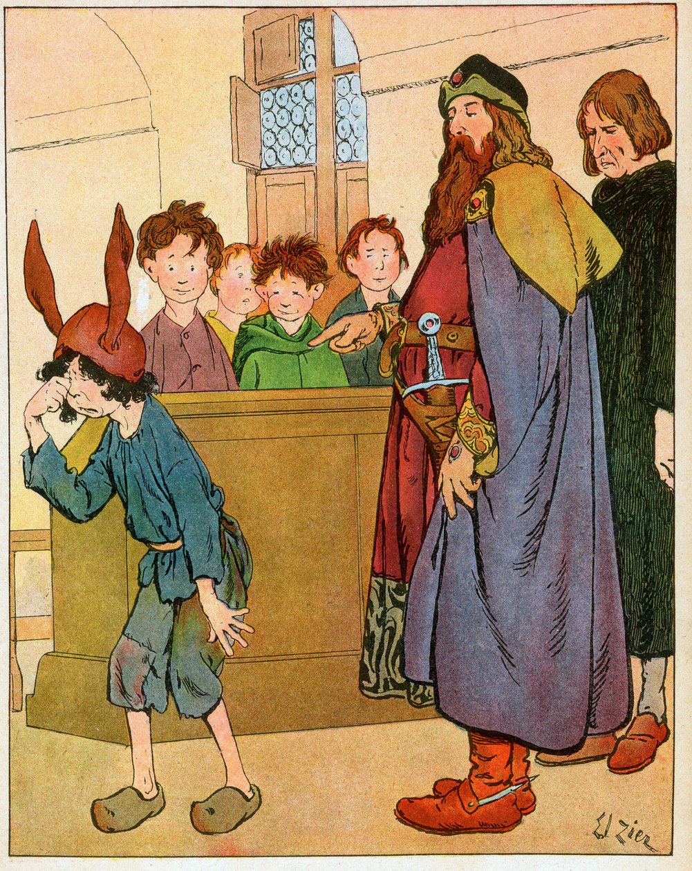 Kong Charlemagne (742-814) etablerte skoler for lekbarn i 789, og møtte skolebarn" (Kong Karl den store besøkte lærde og fremmer utdanning og skoler for lekbarn) - Illustrasjon av Francois Zier (1856-1924) hentet fra "Nos-Glois - av Francois Edouard Zier