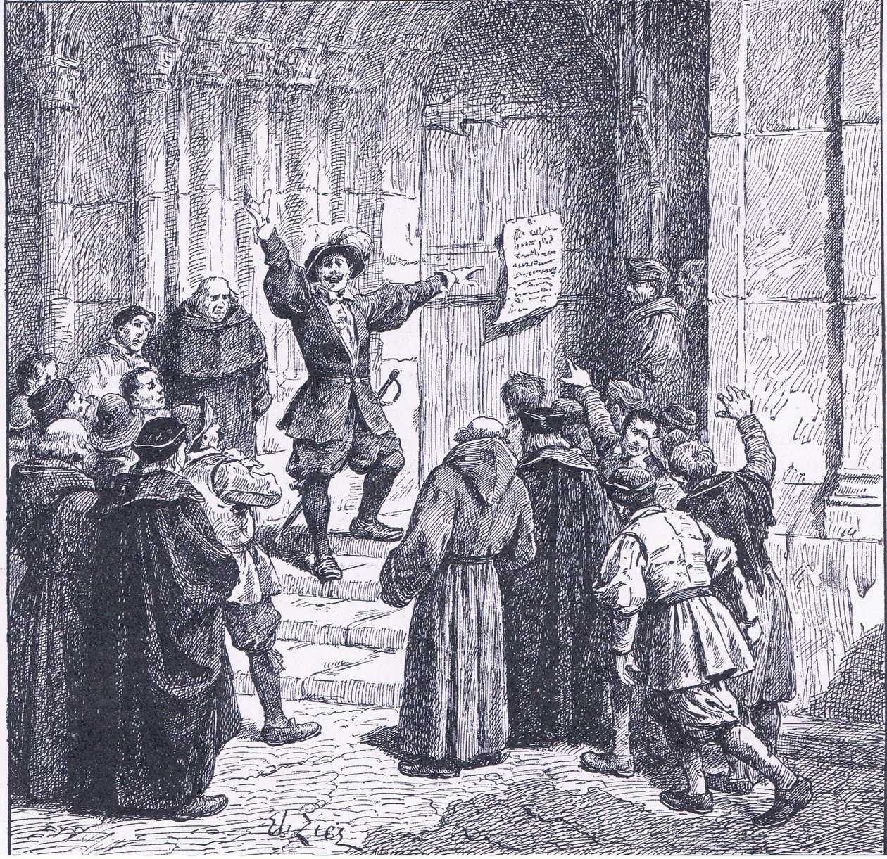 Robert Aske fester sin proklamasjon på døren til York Minster, fra Cassells History of the British People utgitt av Waverley Book Company, ca. 1950-tallet (litho) av Francois Edouard Zier