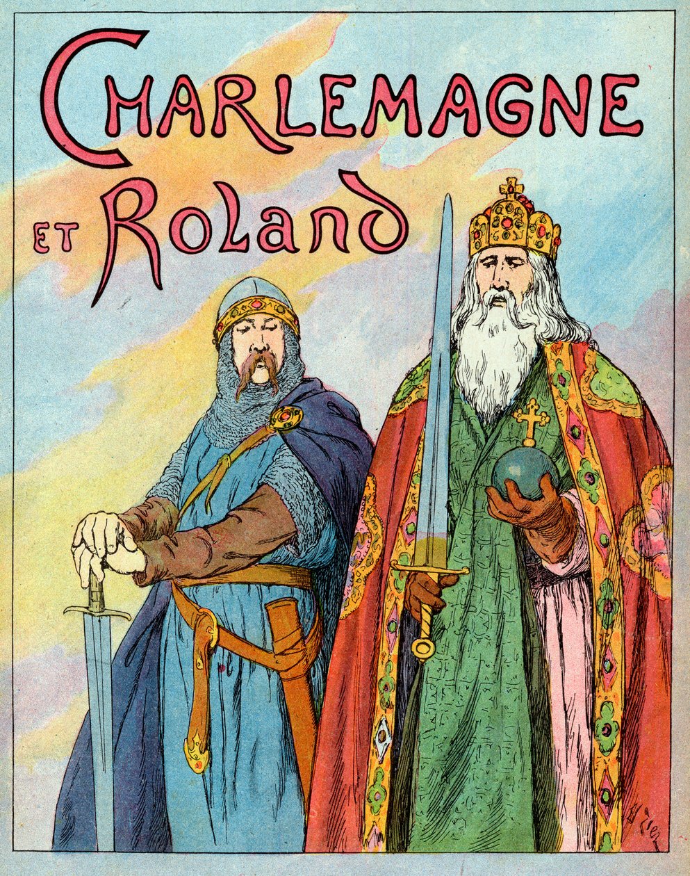 Den frankiske kong Charles den store og den franske ridder Roland de Roncevaux - Charlemagne og Le Chevalier Roland (736-778) - Illustrasjon av Francois Zier (1856-1924) hentet fra "Nos-Gires-Nationales" rundt 1920 av Francois Edouard Zier