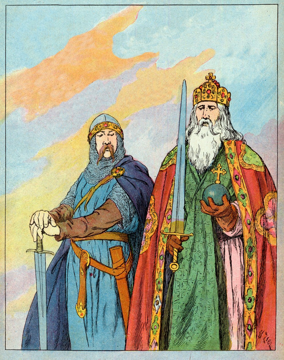Den frankiske kong Charles den store og den franske ridder Roland de Roncevaux - Charlemagne og Le Chevalier Roland (736-778) - Illustrasjon av Francois Zier (1856-1924) hentet fra "Nos-Gires-Nationales" rundt 1920 av Francois Edouard Zier