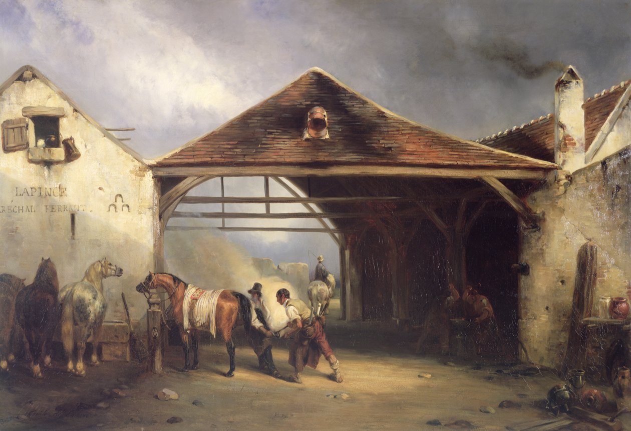 En hovslager som skoer en hest av Francois Emile de Lansac