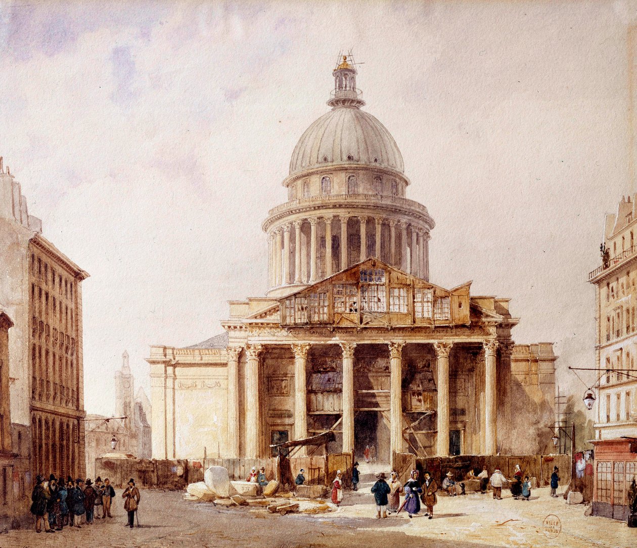 Utsikt over Pantheon under bygging i Paris fra rue Soufflot Bygningen ble bygget på prosjektet til Jacques Germain Soufflot (1713-1780) på stedet for kirken Sainte Genevieve. Akvarell av Francois Etienne Villeret (ca. 1800-1866) 1835. P av Francois Etienne Villeret