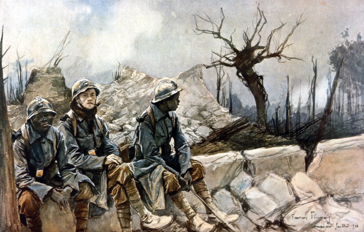 3 franske soldater som sitter foran ruinene av Dampierre-kirken. Krig 1914 - 1918. Maleri av Francois Flameng (1856-1923). Paris, Musee de l