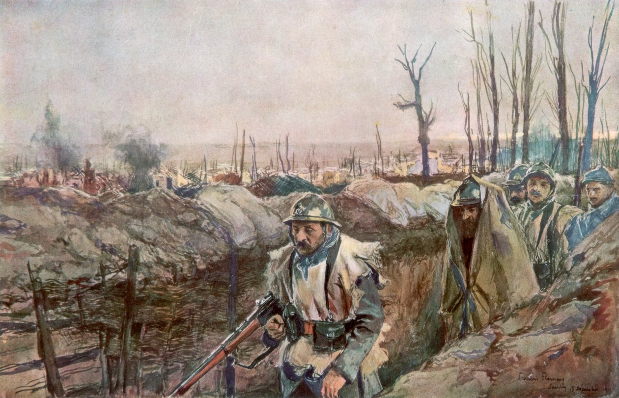 En fransk grøft i landsbyen Souchez, Artois, Frankrike, 18. desember 1915, 1926. av Francois Flameng
