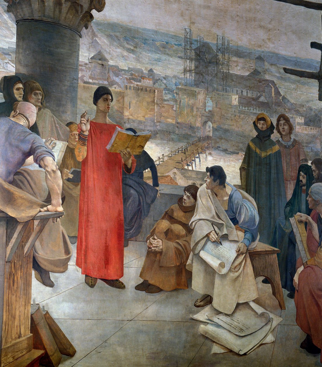 Abelard og skolen hans på Sainte Genevieve-fjellet i Paris. Mesteren Pierre Abailard (eller Pierre Abeilard av Francois Flameng