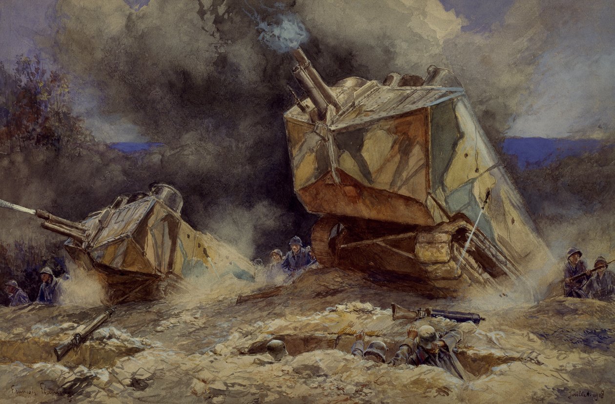Angrep på infanteri og stridsvogner i Saint Chamond, juli 1918 (akvarell) av Francois Flameng