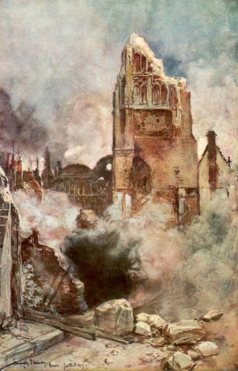 Bombardement av klokketårnet, Arras, Frankrike, juli 1915, 1926. av Francois Flameng