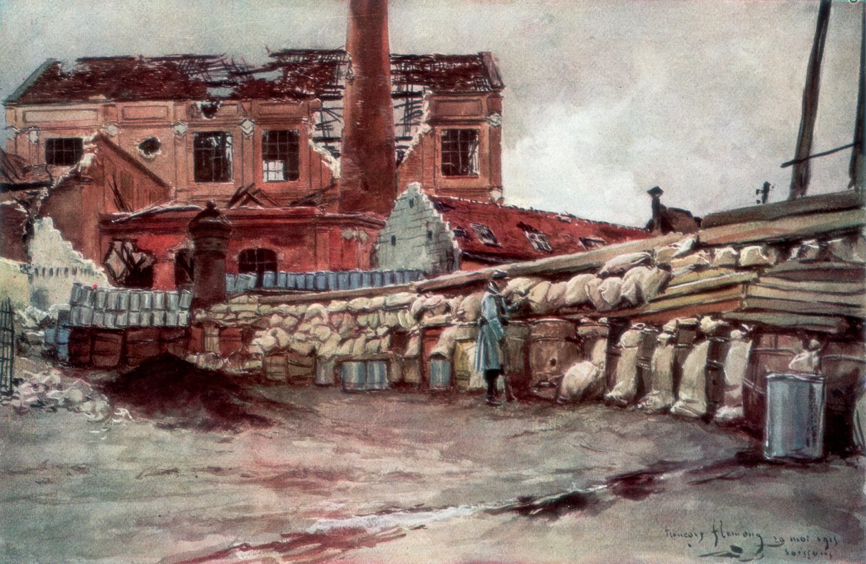 Fabrikkbarrikaden, Soissons, Frankrike, 20. mai 1915, 1926. av Francois Flameng