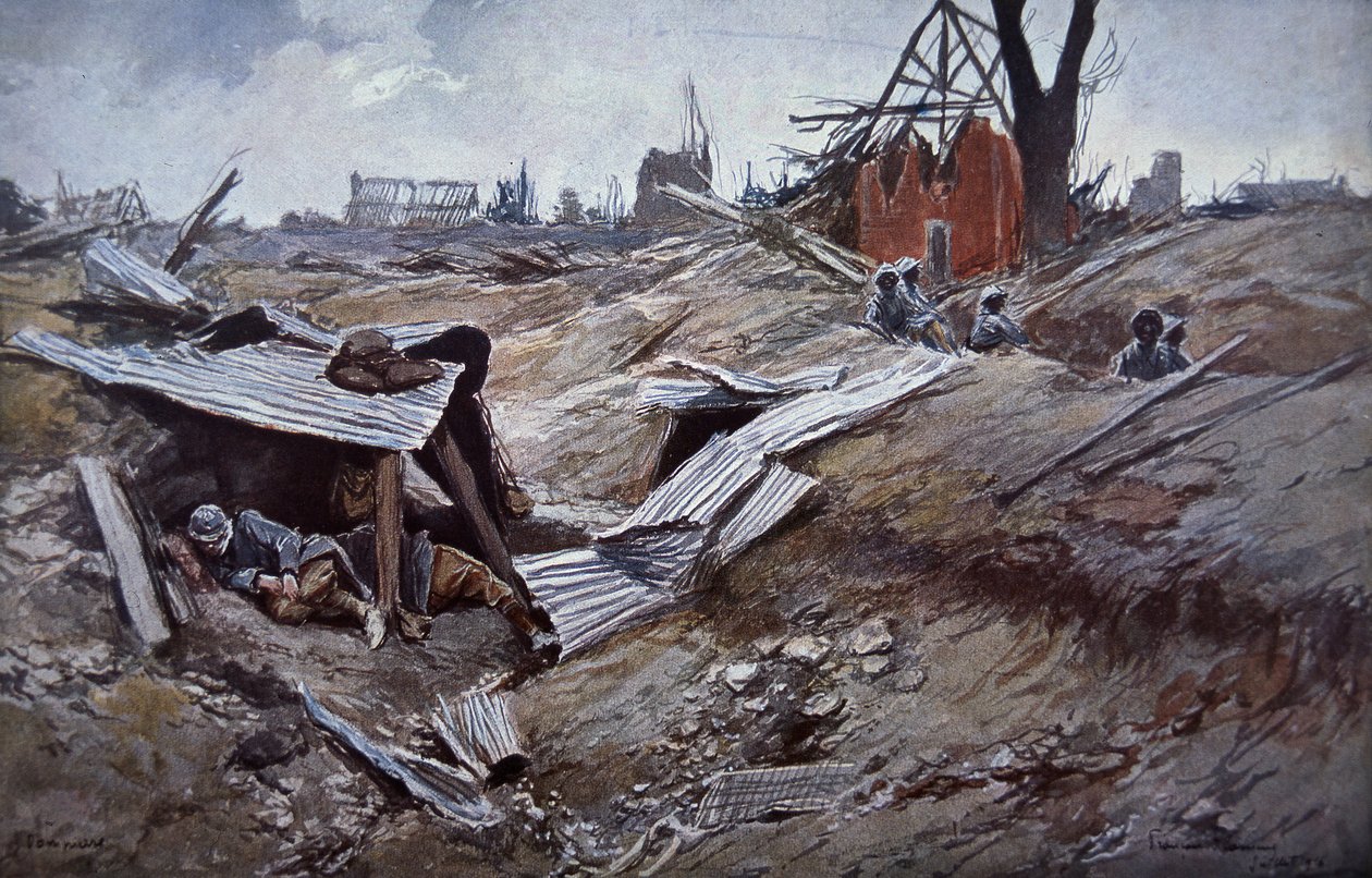 Første slaget ved Somme, juni - september 1916: Franske tropper i den ødelagte landsbyen Dompierre av Francois Flameng