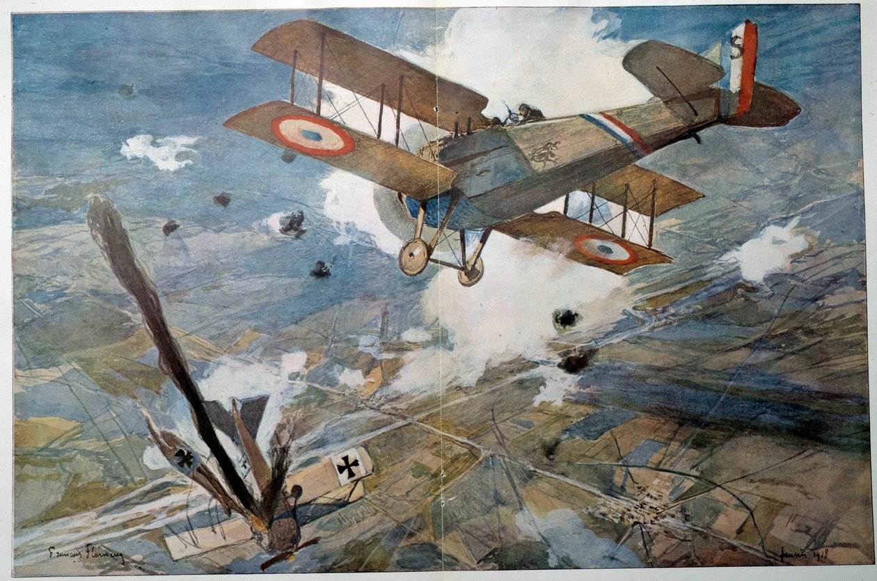 Første verdenskrig "" Air Fight"" Fiendens fly faller i flammer. Akvarellmaleri av Francois Flameng (1856-1923) 1918 Privat samling av Francois Flameng