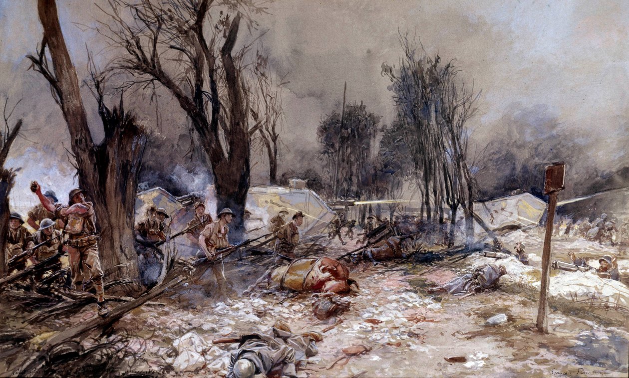 Første verdenskrig: "" Slaget ved Saint Pierre de l'Aigle (Saint Pierre-Aigle) i Aisne, offensiv juli 1918"" Maleri av Francois Flameng (1856-1923). 1918, 33 x 55 cm. Paris, Musee de l'Armee - Første verdenskrig: "" Sl av Francois Flameng