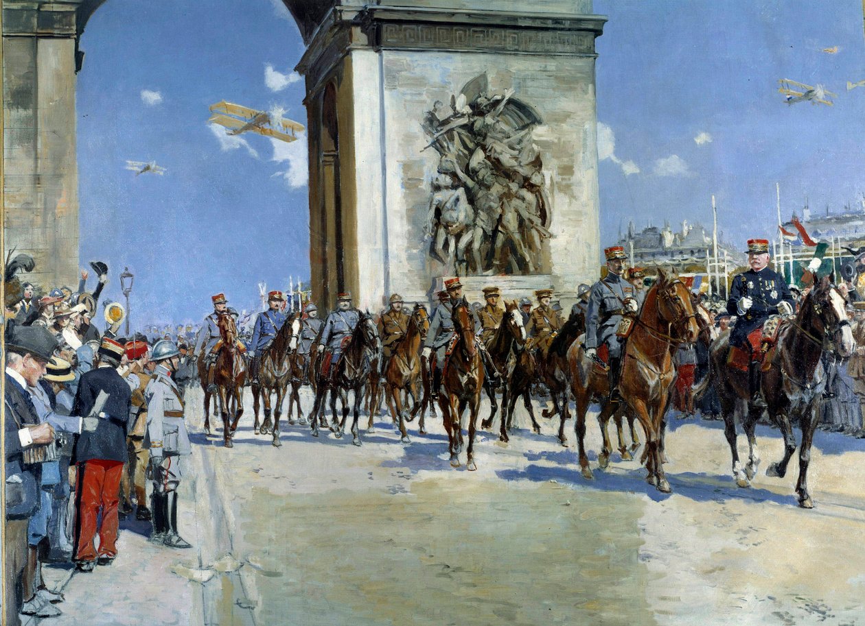 Første verdenskrig: "" Defile of seier den 14/07/1919 over Champs Elysees i Paris"" blant militæret, Marechal Ferdinand Foch (1851-1929) og Marechal Joseph Joffre (1852-1931). Maleri av Francois Flameng (1856-1919) 1919 Paris, Musee de l