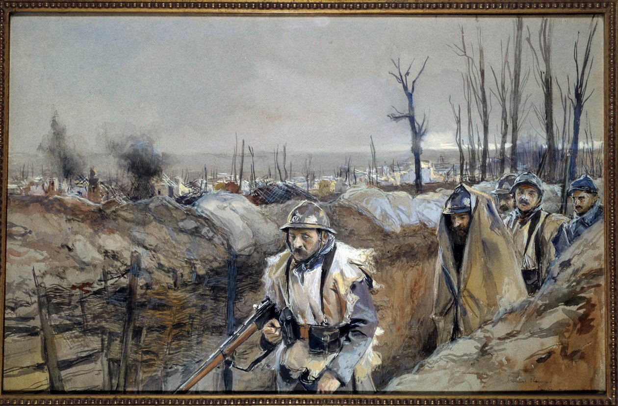 Første verdenskrig: "" Utsikt over Souchez (i Artois), en skyttergrav den 18/12/1915"" Akvarellmaleri av Francois Flameng (1856-1923) Desember 1915 Søn. 0,3x0,48 m Paris, musee de l