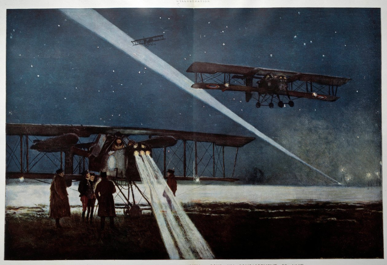 Første verdenskrig: "" drar fra en skvadron "" Naboer" for en nattbombing i 1918"" Akvarellmaleri av Francois Flameng (1856-1923) 1918 Privat samling av Francois Flameng