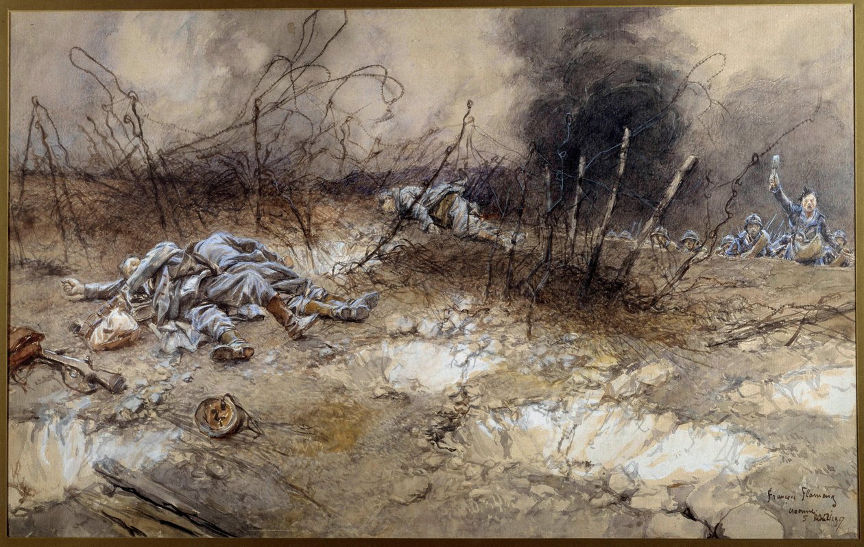 Første verdenskrig: scene for slaget ved La Craonne 5.04.1917. Kroppen av infanterister som ligger blant skjeggene. Akvarellmaleri av Francois Flameng (1856-1923) Søn. 0,3x0,56 m Paris, Musee de l