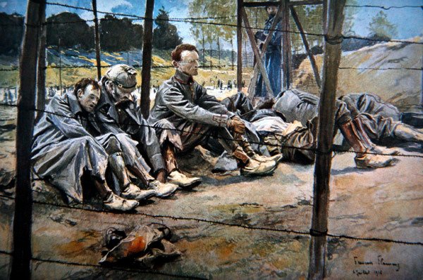 Tyske offiserer tatt til fange av franskmennene under en alliert offensiv, First Battle of the Somme, juli 1916 (farge litho) av Francois Flameng