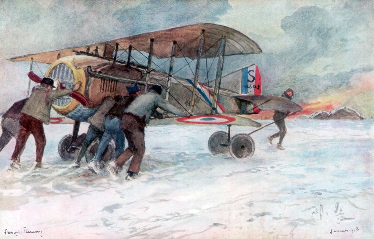 Bakkemannskap tar seg av en French Spad på et snødekt felt, 1918, 1926. av Francois Flameng
