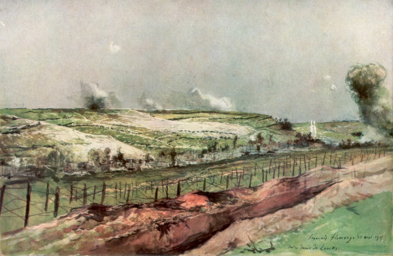 Notre Dame de Lorette og St Nazaire, Ablain, under bombardement, Artois, Frankrike, 1915, 1926. av Francois Flameng