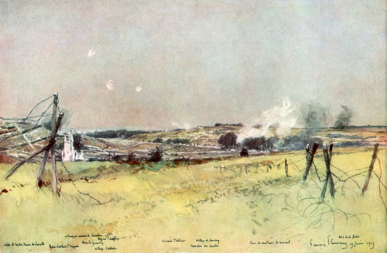 Ablain og Souchez-kirken, Artois, Frankrike, 19. juni 1915, 1926. av Francois Flameng