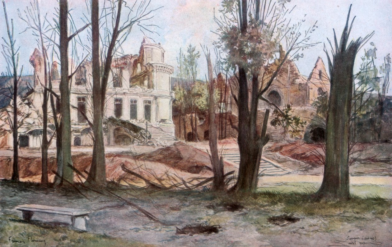 Ruinene av et hus, Soupir, første verdenskrig, april 1917. av Francois Flameng