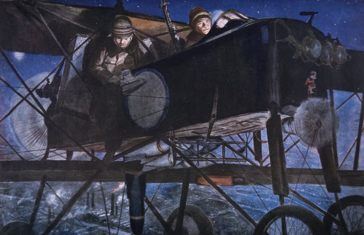 Med den franske lufttjenesten, et nattbombardement av en Voisin-biplan av Francois Flameng