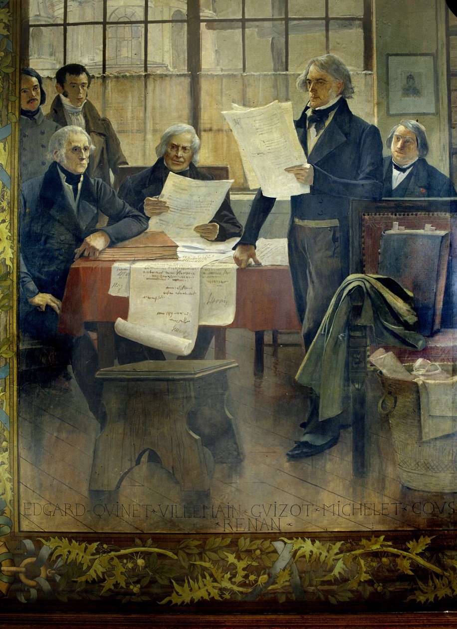 Forfattere på 1800-tallet: Edgar Quinet, Abel François Villemain, François Guizot, Jules Michelet, Victor Cousin, Ernest Renan - montert lerret av François Flameng (1856-1923), Sorbonne University, Paris av Francois Flameng