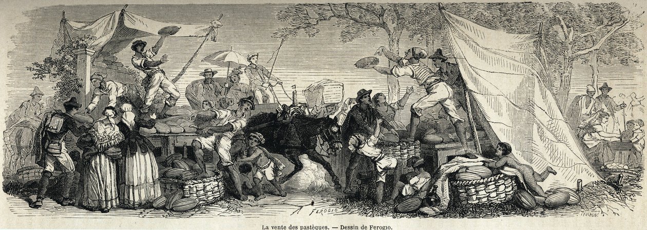 Salget av vannmeloner, tegning av Ferogio, for å illustrere Napoli og napolitanerne, i 1861, av Marc Monnier (1829-1885). Gravering i “” Le tour du monde”” 1861. Selvas samling. av Francois Fortune Antoine (after) Ferogio