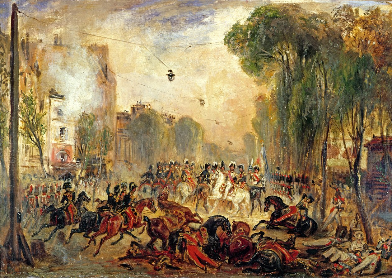 Attentatforsøk på kong Louis-Philippe (1773-1850) av Giuseppe Fieschi (1790-1836) Boulevard du Temple, 28. juli 1835 (olje på lerret) av Francois Gabriel Guillaume Lepaulle