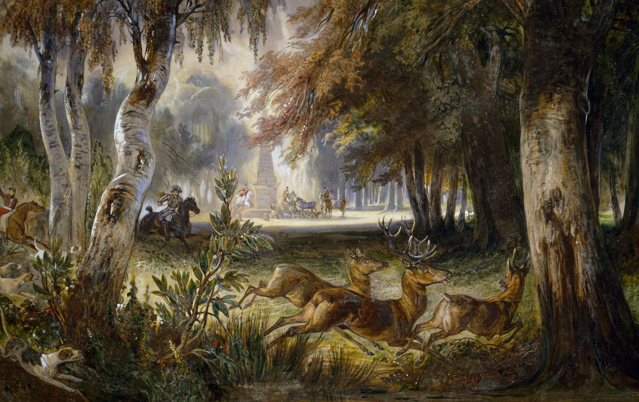 Prinsen av Wagrams jakt, The pursuit, akvarellmaleri av Francois Gabriel Guillaume Lepaulle (1804-1886). av Francois Gabriel Guillaume Lepaulle