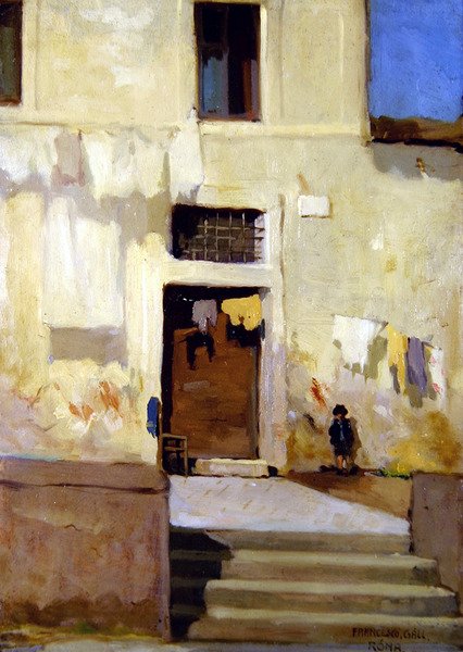 En gatescene i Roma (olje om bord) av Francois Gall