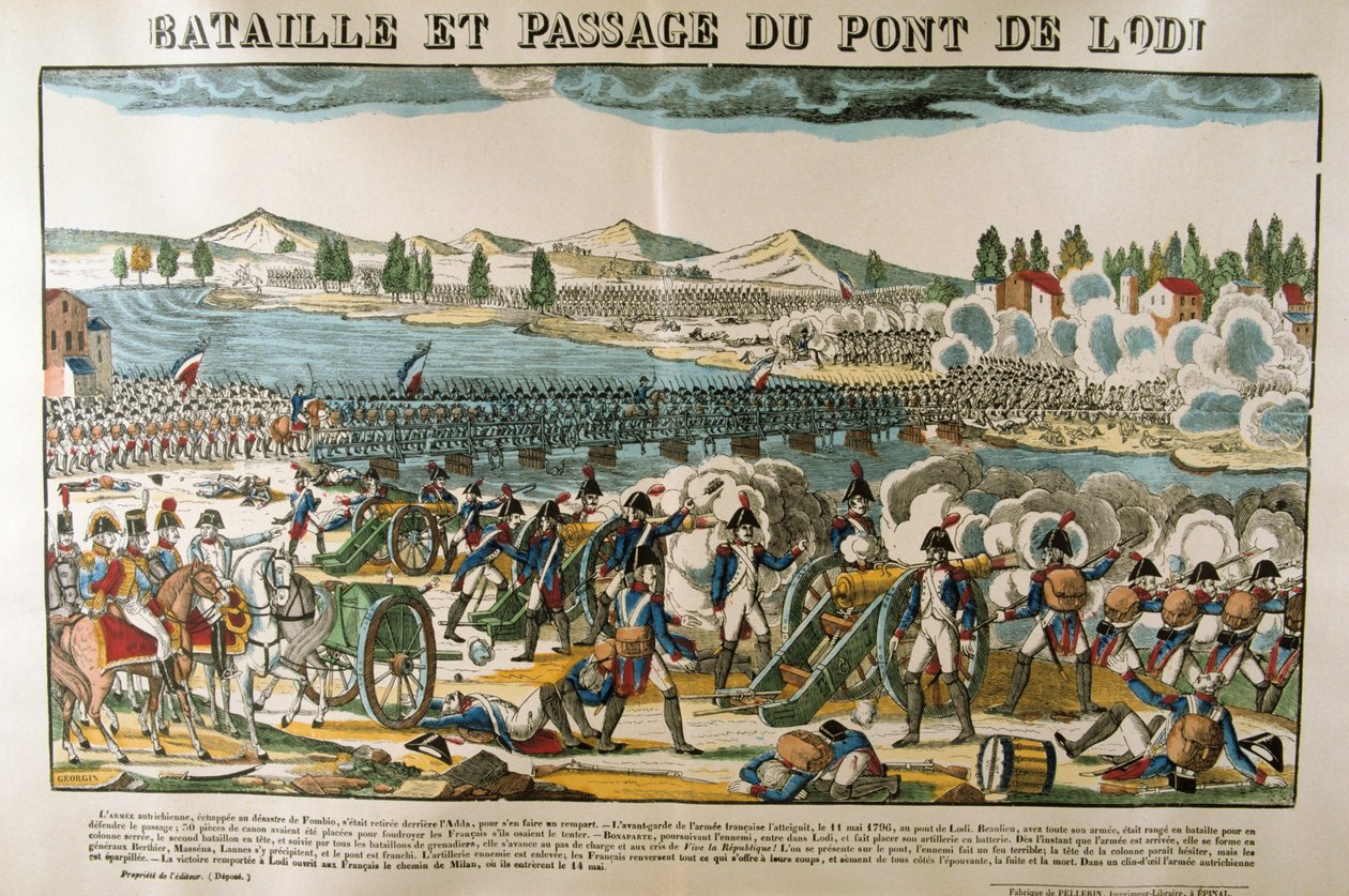 Slaget og krysset av Bridge of Lodi, 11. mai, 1796 av Francois Georgin