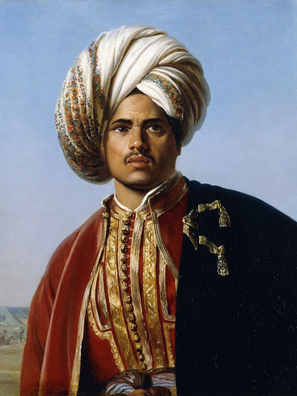 Portrett av en osmansk prins, halv lengde, i rødt og gull, av Francois Henri Alexandre La Fond