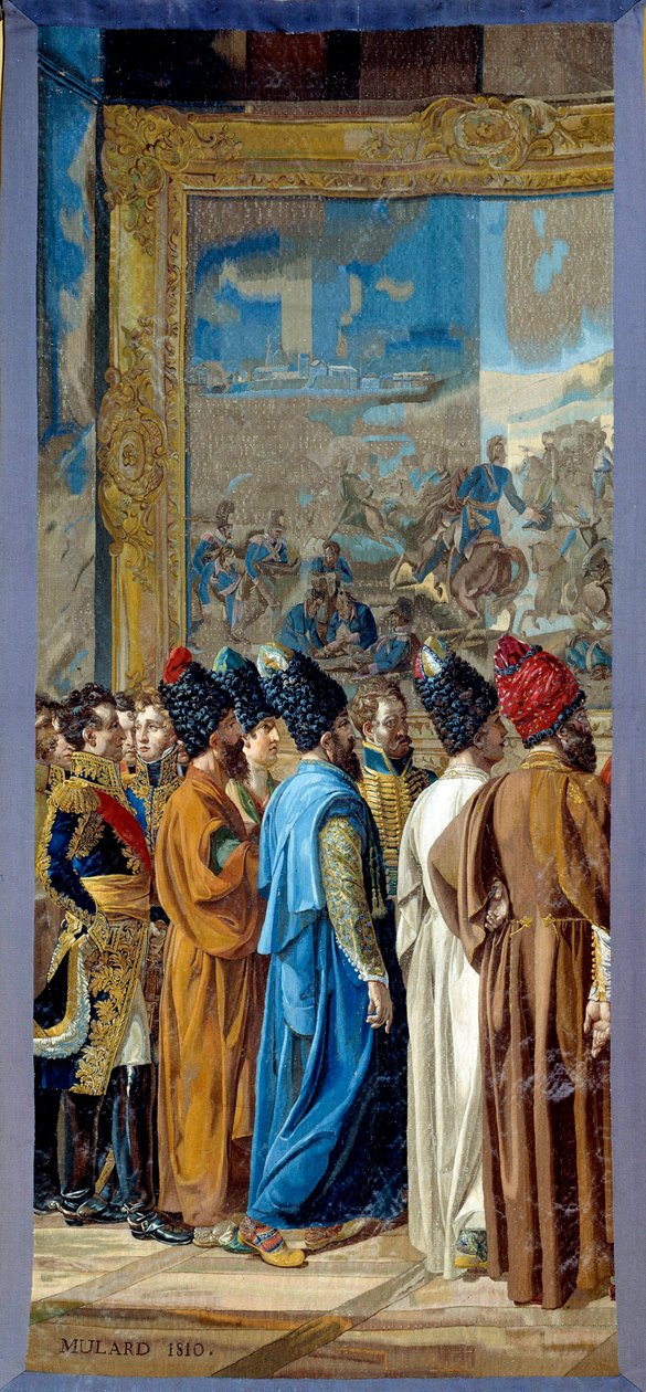 Napoleon I (1769-1821) mottok på slottet Finkenstein i Polen, ambassadør for sjahen av Persia Georges Outrey, Frankrikes visekonsul i Bagdad, presenterer Mohammed Mirza Reza. Tapet laget av Gobelins verksted av Francois Henri Mulard av Francois Henri Mulard
