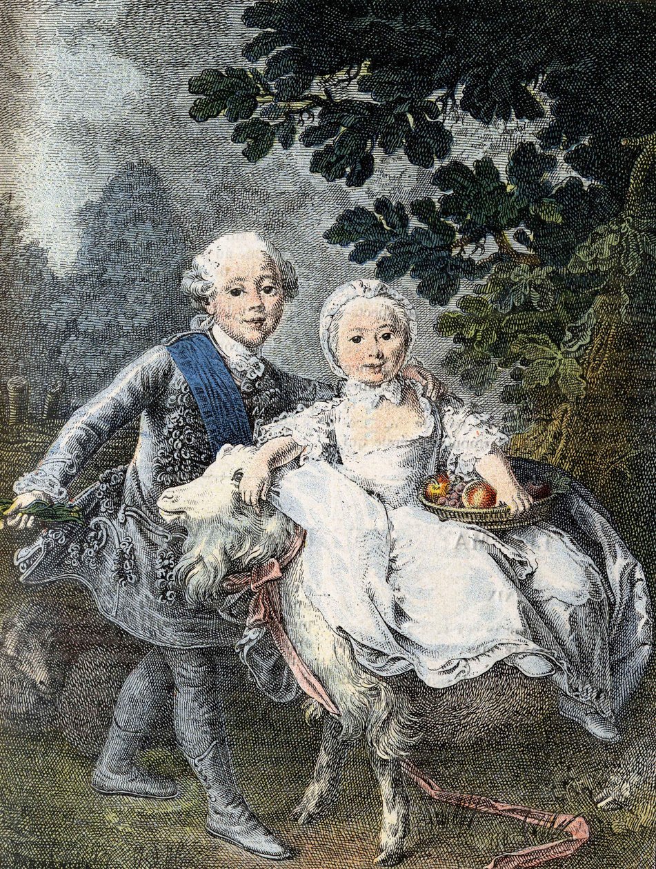 The Count of Artois child (future King Charles X) (1757-1836) and his sister Marie Clotilde Xavière (future Queen of Sardinia) (1759-1802) - represented in 1764. Engraving 19th century after the painting of François Hubert Drouais. av Francois Hubert (manner of) Drouais