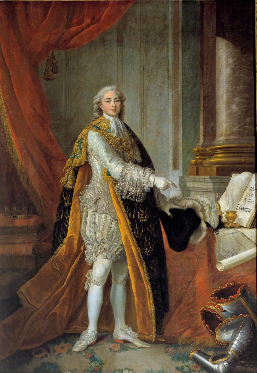 Portrett til fots av Louis Stanislas Xavier av Frankrike (fremtidig Ludvig XVIII), grev av Provence (1755-1824) i flott kjole av Den Hellige Ånds Orden (Den Hellige Ånds Orden) og presenterer privilegiene til byen Angers" ”””” Maleri av Francois av Francois Hubert Drouais