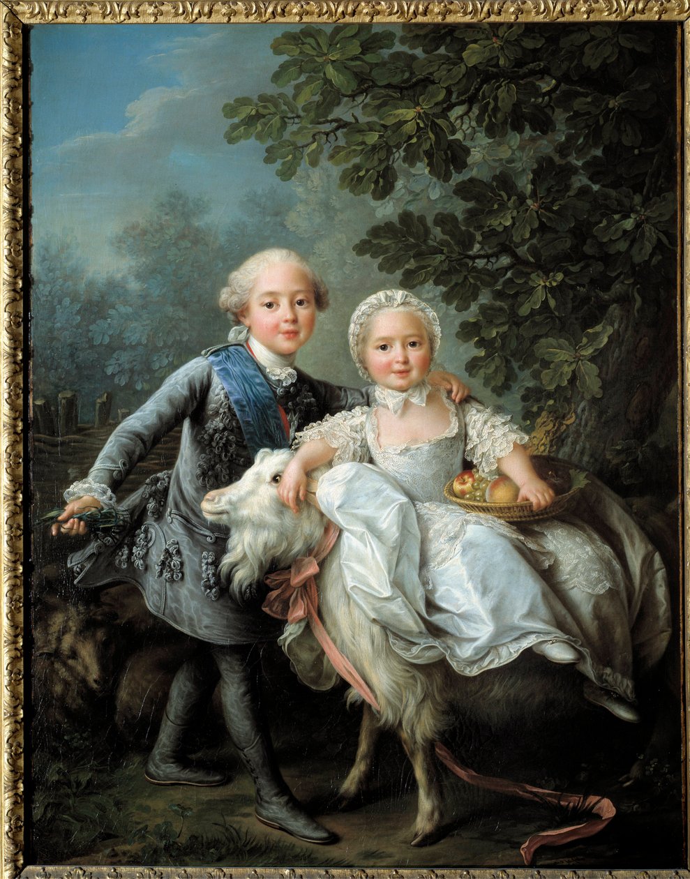 Portrett av Charles Philippe av Frankrike, grev av Artois (fremtidig Charles X (1757-1836) og hans søster Madame Clothilde, fremtidig dronning av Sardinia (1759-1802) representert i 1763-1764, Maleri av Francois Hubert Drouais (177527) av Francois Hubert Drouais