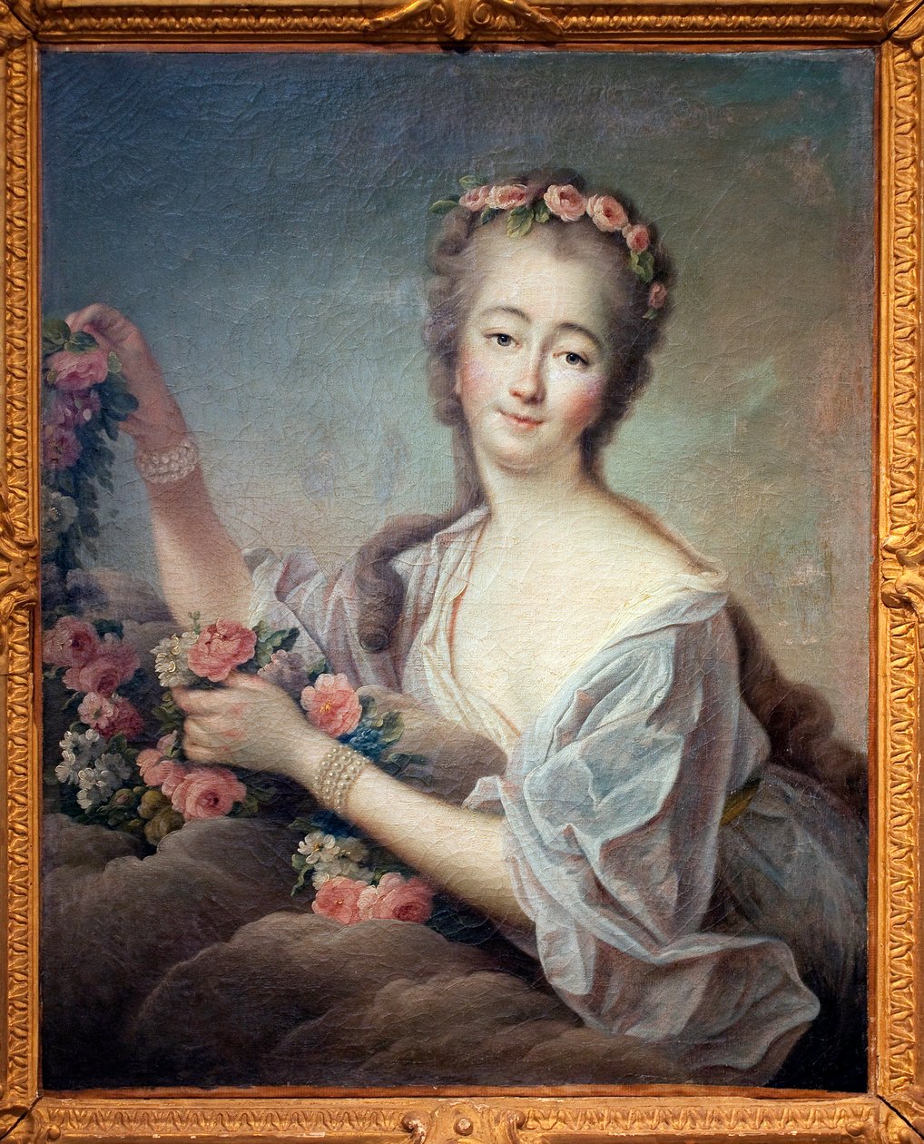 Portrett av Madame du Barry en Flore (Jeanne Becu, grevinne (eller Madame) av Barry (1743-1793) - Maleri av Francois Hubert Drouais (1727-1775), olje på lerret av Francois Hubert Drouais