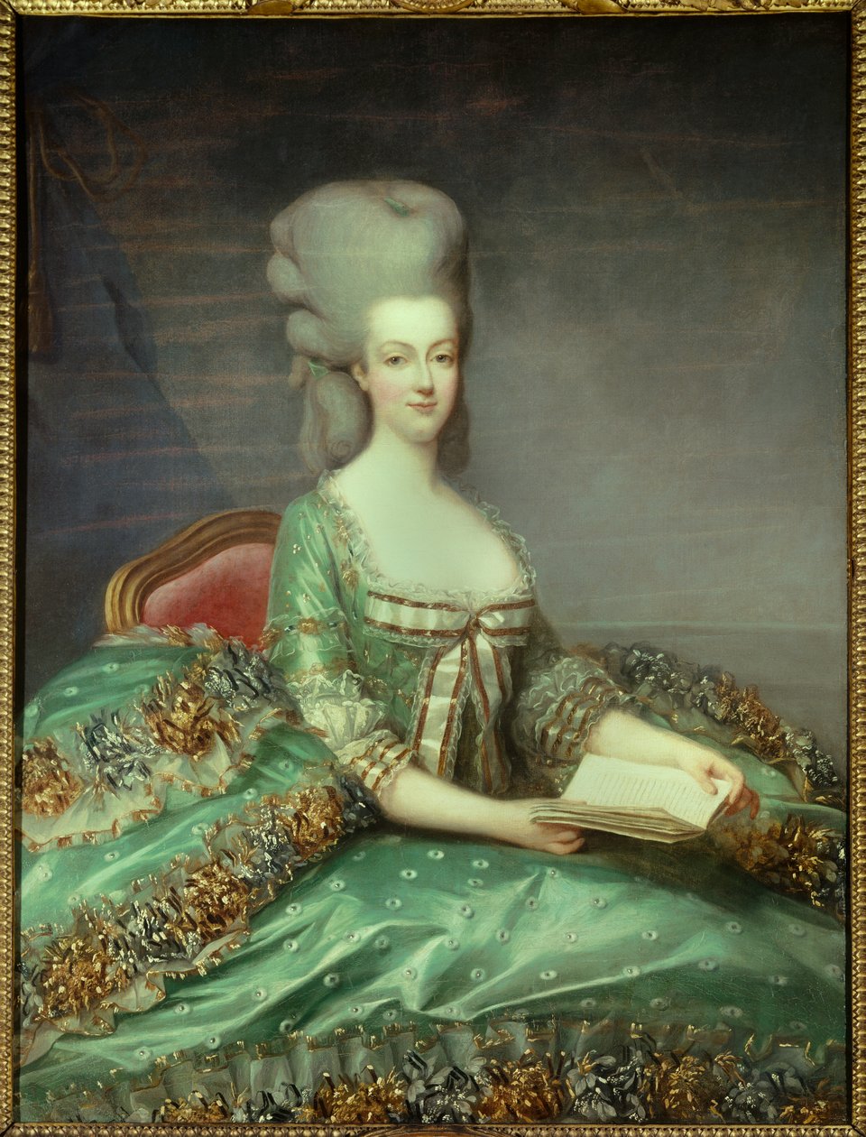 Portrett av Marie Antoinette (1755-1793) Dronning av Frankrike Dette portrettet ble gitt av dronningen til sin skriftefar i 1781. Maleri av Francois Hubert Drouais (1727-1775) Privatsamling fra 1700-tallet - Portrett av Marie Antoinette (1755-1793), Dronni av Francois Hubert Drouais