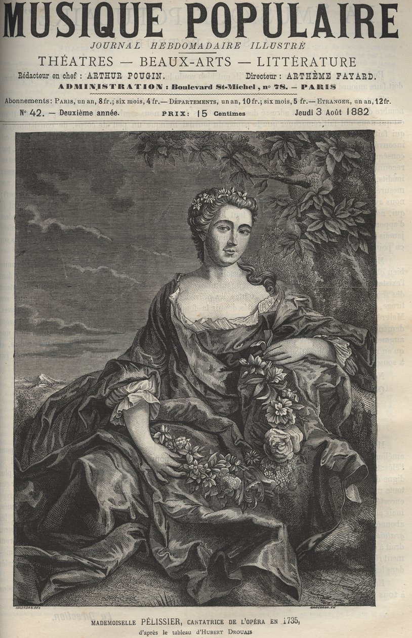Portrett av Marie Pelissier (eller Pellissier) (1707-1749), fransk operasanger - gravering etter maleriet Hubert Drouais - gravering i "" La musique populaire""" illustrert ukeavis - 1882 av Francois Hubert Drouais