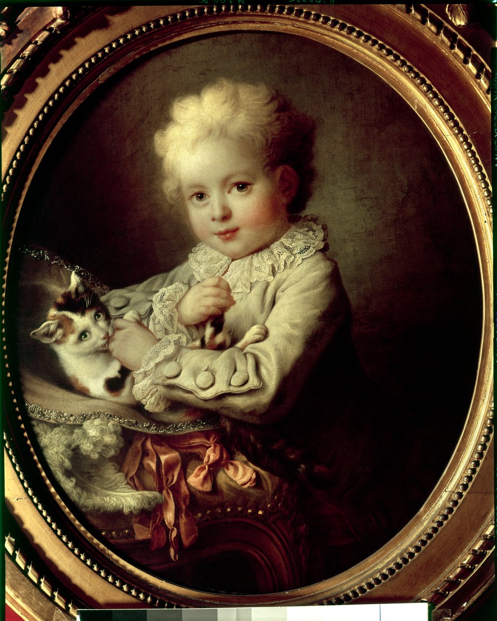 Portrett av en ung gutt som leker med en katt Maleri av Francois Hubert Drouais (1727-1775) Paris fra 1700-tallet, Musee Jacquemart Andre av Francois Hubert Drouais