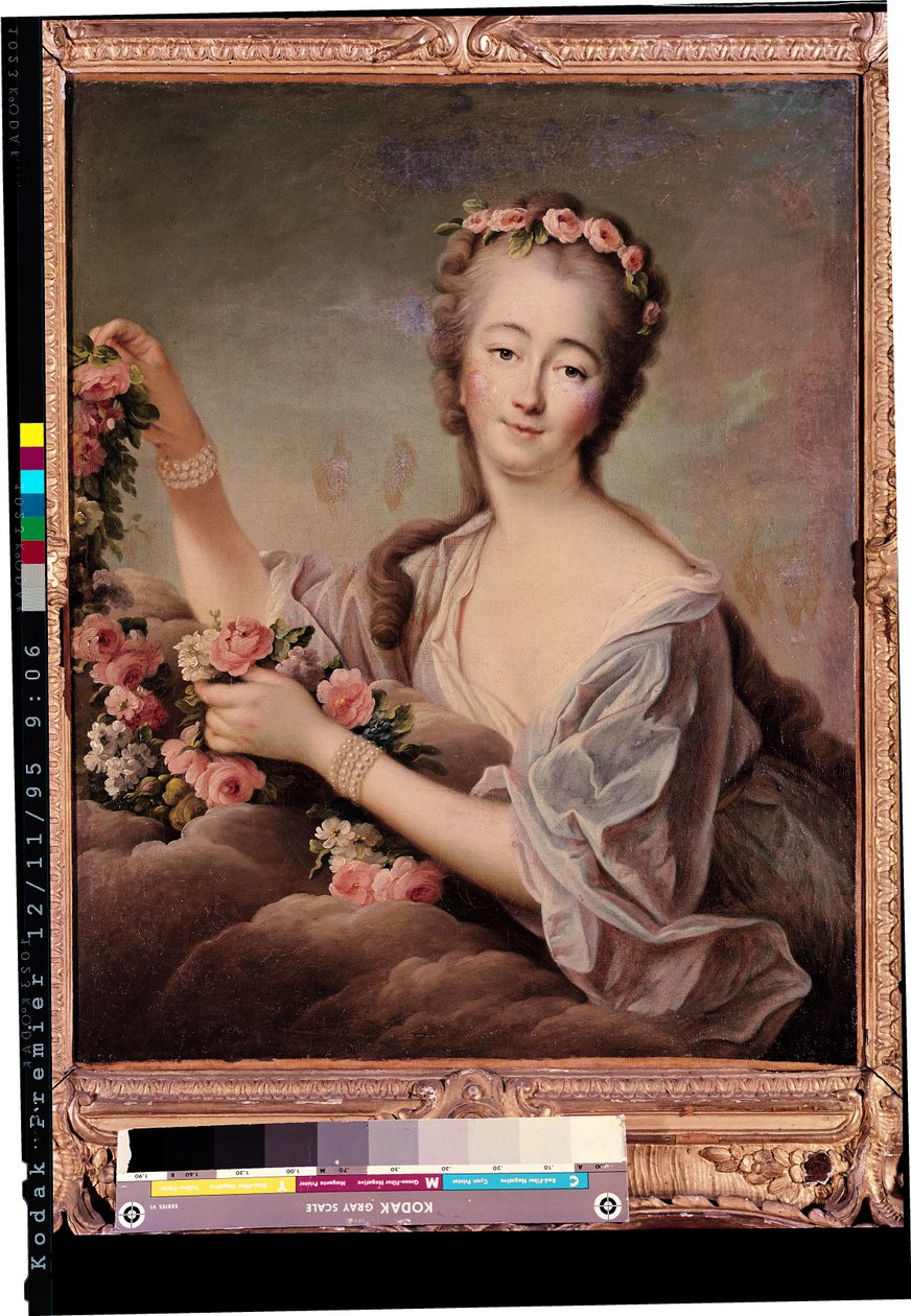 Portrett av grevinnen du Barry (1743-93) som Flora av Francois Hubert Drouais
