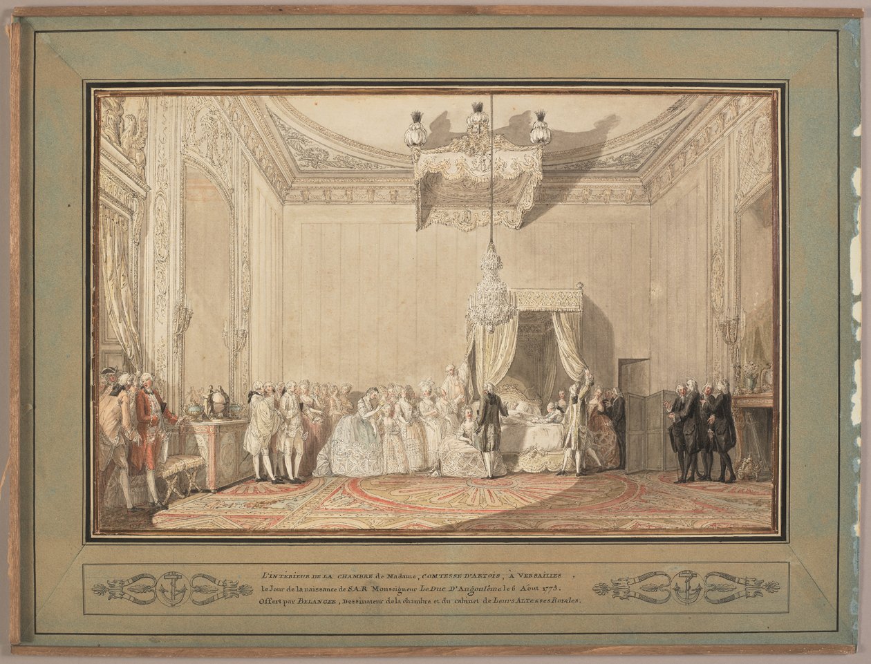 Interiøret i soverommet i Versailles til Marie-Thérèse de Savoie, komtesse d#39;Artois, på fødselsdagen til Louis-Antoine d#39;Artois, hertug d#39;Angoulême, 6. august 1775 (penn og blekk med akvarell på papir) av Francois-Joseph Belanger