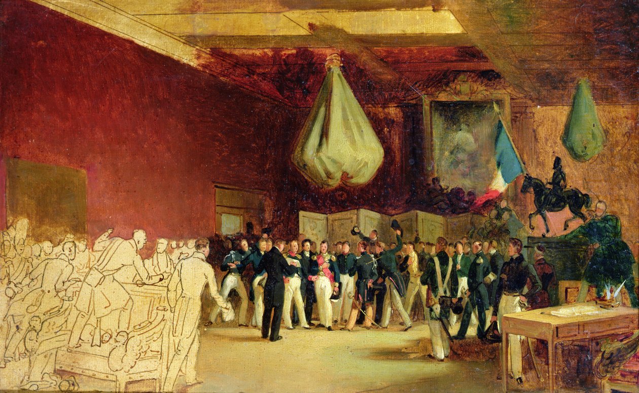 Deputertkammeret presenterer til hertugen av Orleans, Louis Philippe I (1773-1850), handlingen som kaller ham til tronen og charteret av 1830, i det kongelige palasset, 7. august 1830 av François Joseph Heim