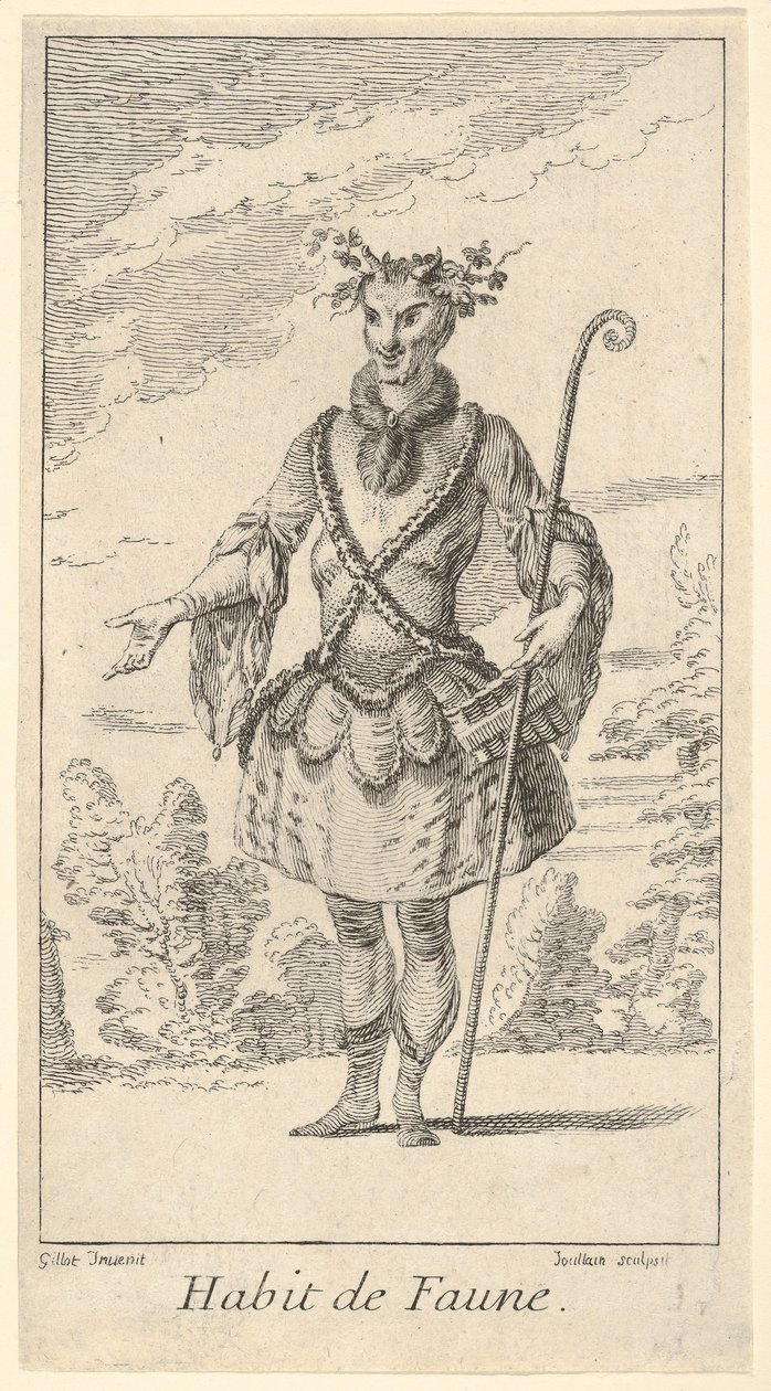 Habit de Faune: en faun, en stokk i høyre h..., ca. 1721. av Francois Joullain