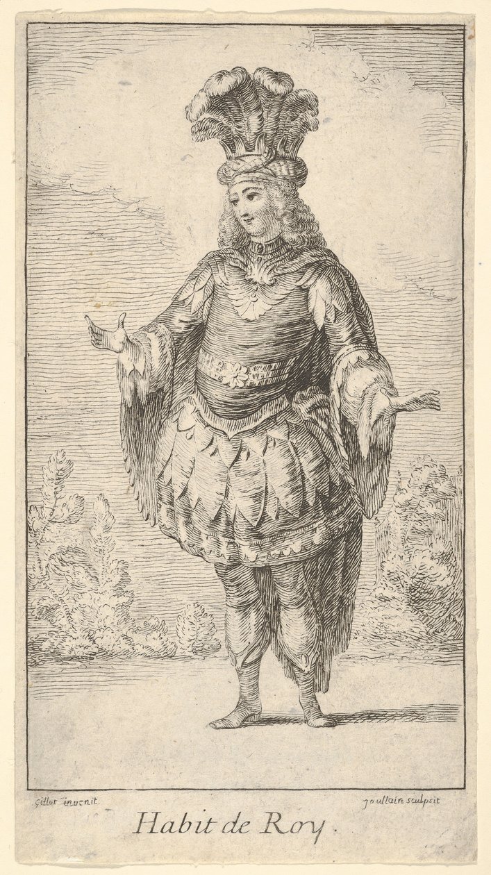 Habit de Roy: en mann iført en tonnelett dekorert med rosetter, en krone og en turban med..., ca. 1721. av Francois Joullain