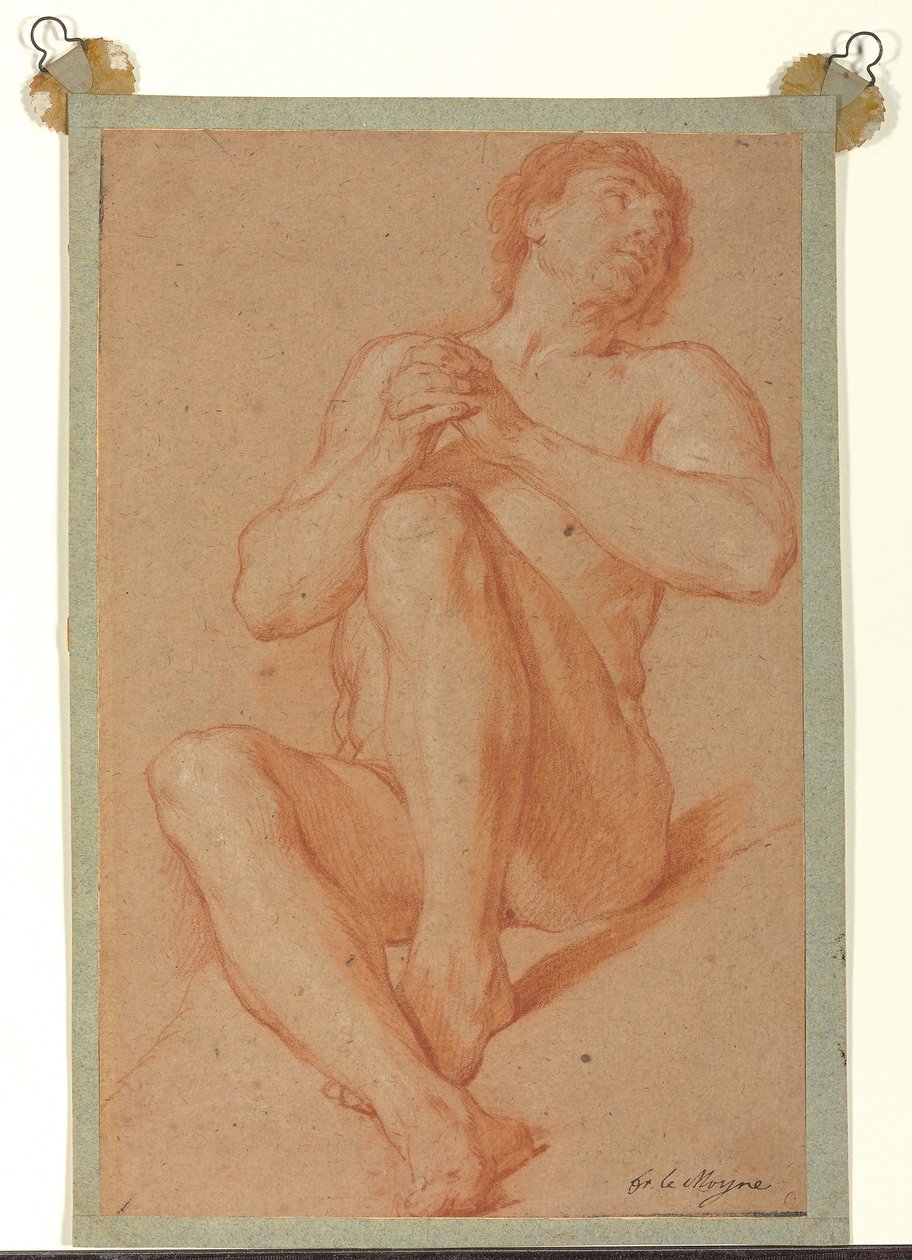 En sittende akademisk naken med hendene sammen, ca. 1723-24 (rødt og hvitt kritt på lysebrunt papir) av François Lemoyne