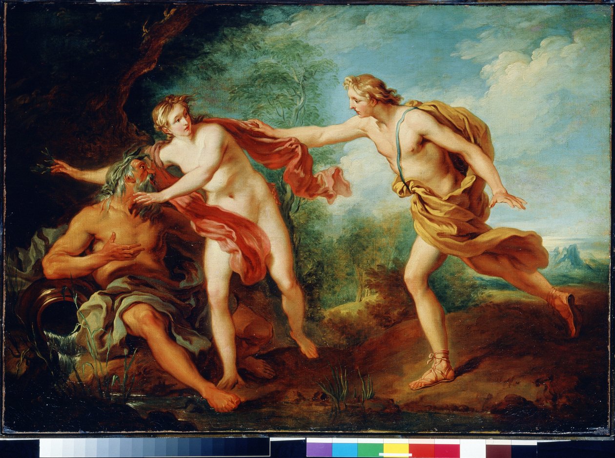 Apollo og Daphne med sin far, elveguden Penee. Maleri av Francois Le Moyne (1688-1737). Olje på lerret. Fransk maleri fra 1700-tallet. State Museum Arkhangelskoye Estate, Moskva av François Lemoyne