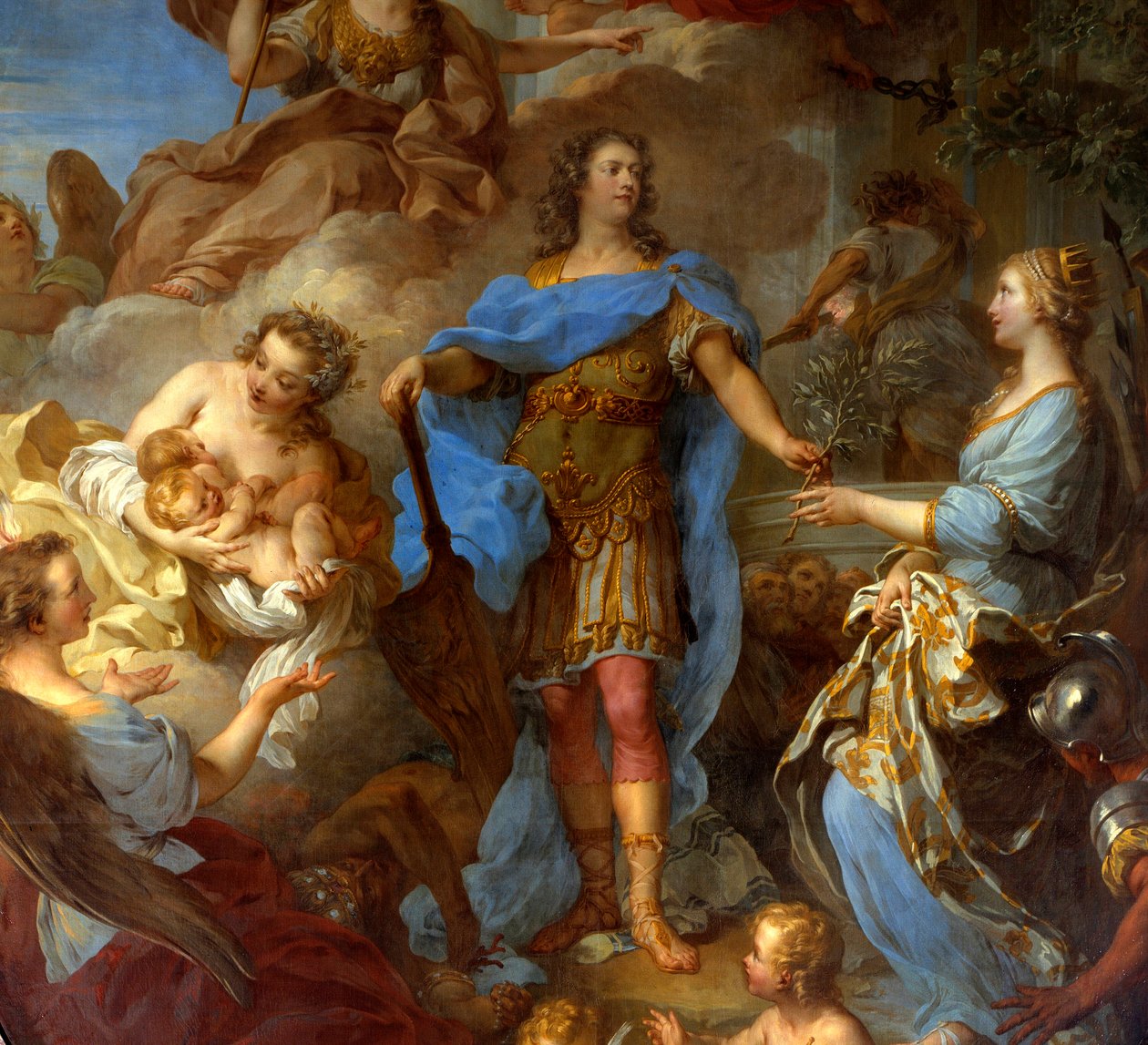 Detalj av "" Kong Ludvig XV (1710-1774) gir fred til Europa"" Allegori på tidspunktet for Sevilla-traktaten, gudinnen Minerva er representert. Maleri av Francois le Moyne (1688-1737) 1729 søn. 3,82x2,95 m - Detalj av kong Ludvig XV (1710-1774) bringin av François Lemoyne